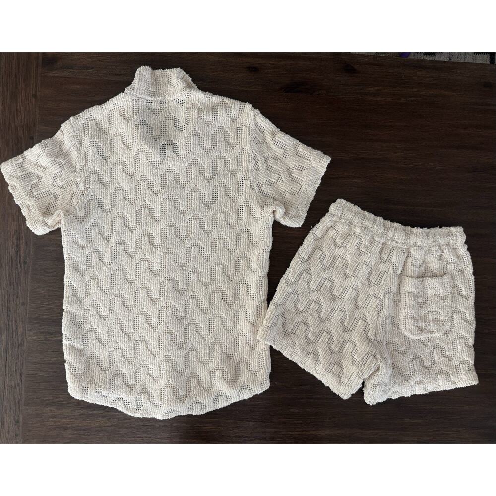 OAS Atlas Cuba Crochet Shirt Shorts Set XS Cream Resort Cabana Beach Camp Unisex - Picture 2 of 13